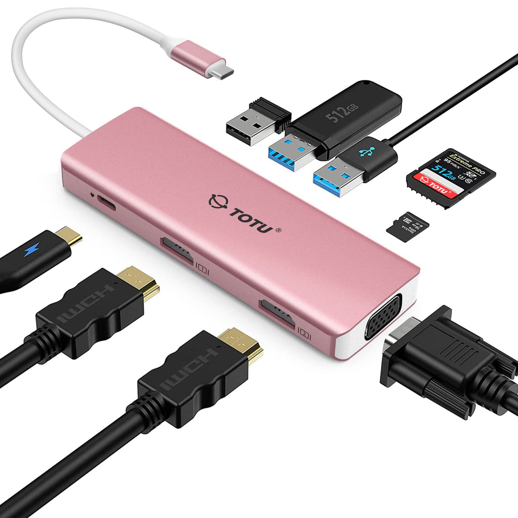  [AUSTRALIA] - TOTU Docking Station, USB C Hub, 9 in 1 Triple Display Docking Station with Collage Display Mode, Dual 4K HDMI, VGA, 100W PD, 3 USB 3.0 and TF/SD Card Reader for MacBook Pro Air and Type-C Laptops Pink