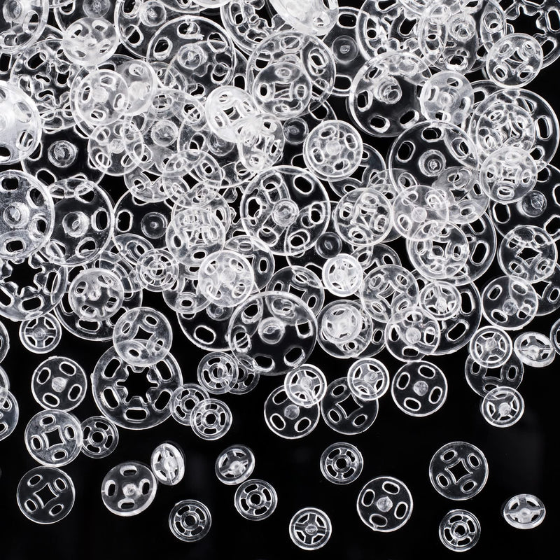  [AUSTRALIA] - PAGOW 300 Sets Plastic Snap Fasteners Buttons Kit, Invisible Snaps for Sewing 7 mm 10 mm 15 mm Diameter Round Buttons, Clear Press Button for Shirts, Clothing, DIY Craft, Baby Bibs, QL2896-M