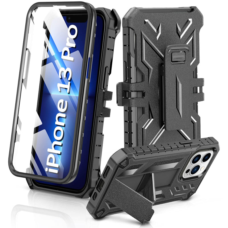  [AUSTRALIA] - for iPhone13 Pro Phone Case: Rugged Durable Armor Shell with Kickstand & Clip Holster | Shock Proof TPU Protector - Heavy Duty Military Grade Protection Cover Black