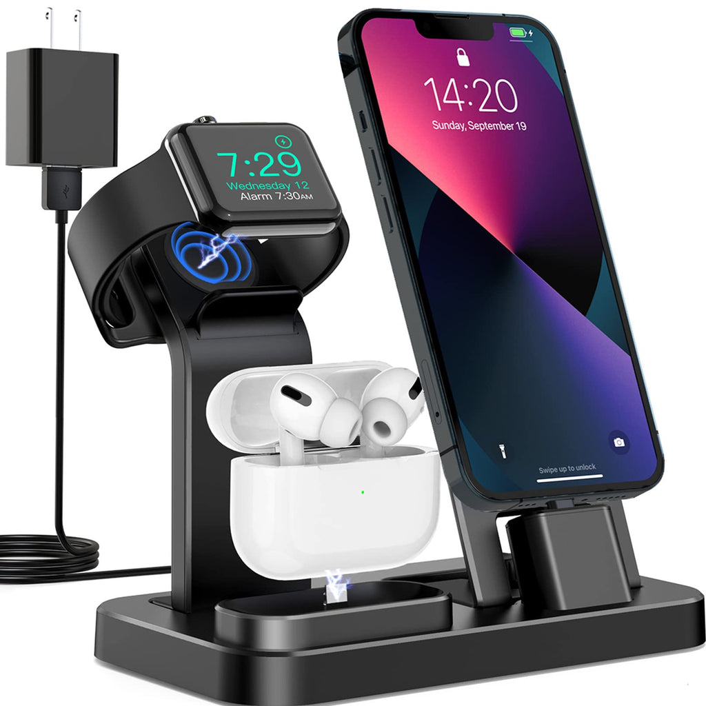  [AUSTRALIA] - 3 in 1 Charging Station for Apple Products, Removable Charging Stand for iPhone Series AirPods Pro/3/2/1, Charging Dock for Apple Watch SE/7/6/5/4/3/2/1(with 10W Adapter and Cable)(Black) Black