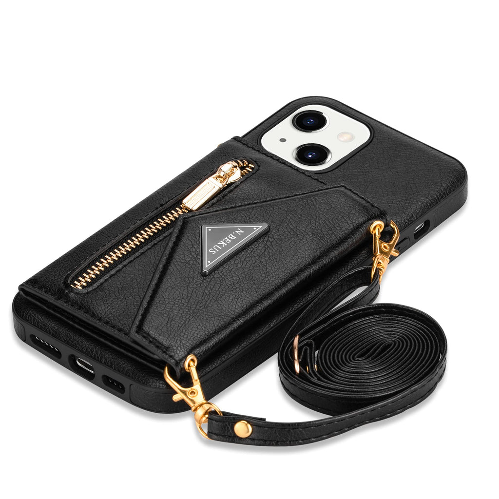  [AUSTRALIA] - Wallet Crossbody for iPhone 13 Phone Case with Lanyard Strap Credit Card Holder 6.1'' , PU Leather Protective Handbag Zipper Purse Kickstand Cover Women Girl (Black) Black