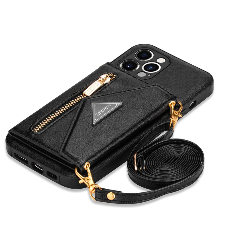  [AUSTRALIA] - Wallet Crossbody for iPhone 13 Pro Phone Case with Lanyard Strap Credit Card Holder 6.1'' , PU Leather Protective Handbag Zipper Purse Kickstand Cover Women Girl (Black) Black