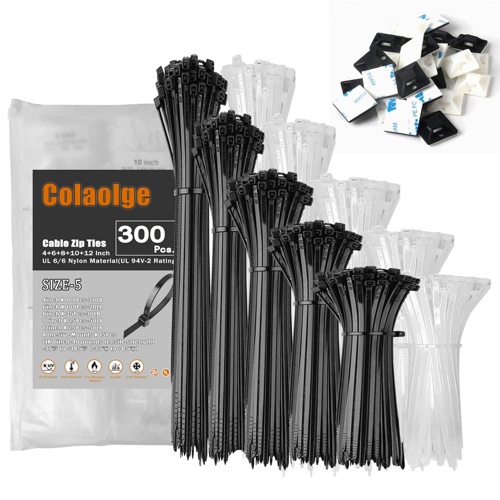  [AUSTRALIA] - Zip Wire Ties 300Pcs Small Cable Zip Ties with Cable Mounts Nylon Zip Cable Ties Assorted Sizes 4+6+8+10+12 Inch, Self-Locking Tie Wraps Perfect for Home Garden Trellis Office Garage Workshop Black+ White