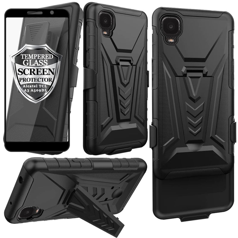  [AUSTRALIA] - Ailiber Compatible with Alcatel TCL A3 A509DL Case, Alcatel TCL A3 Case Holster with Screen Protector, Swivel Belt Clip Holster Kickstand Holder, Heavy Duty Full Body Cover for Alcatel TCL A3-Black Screen Protector & Black