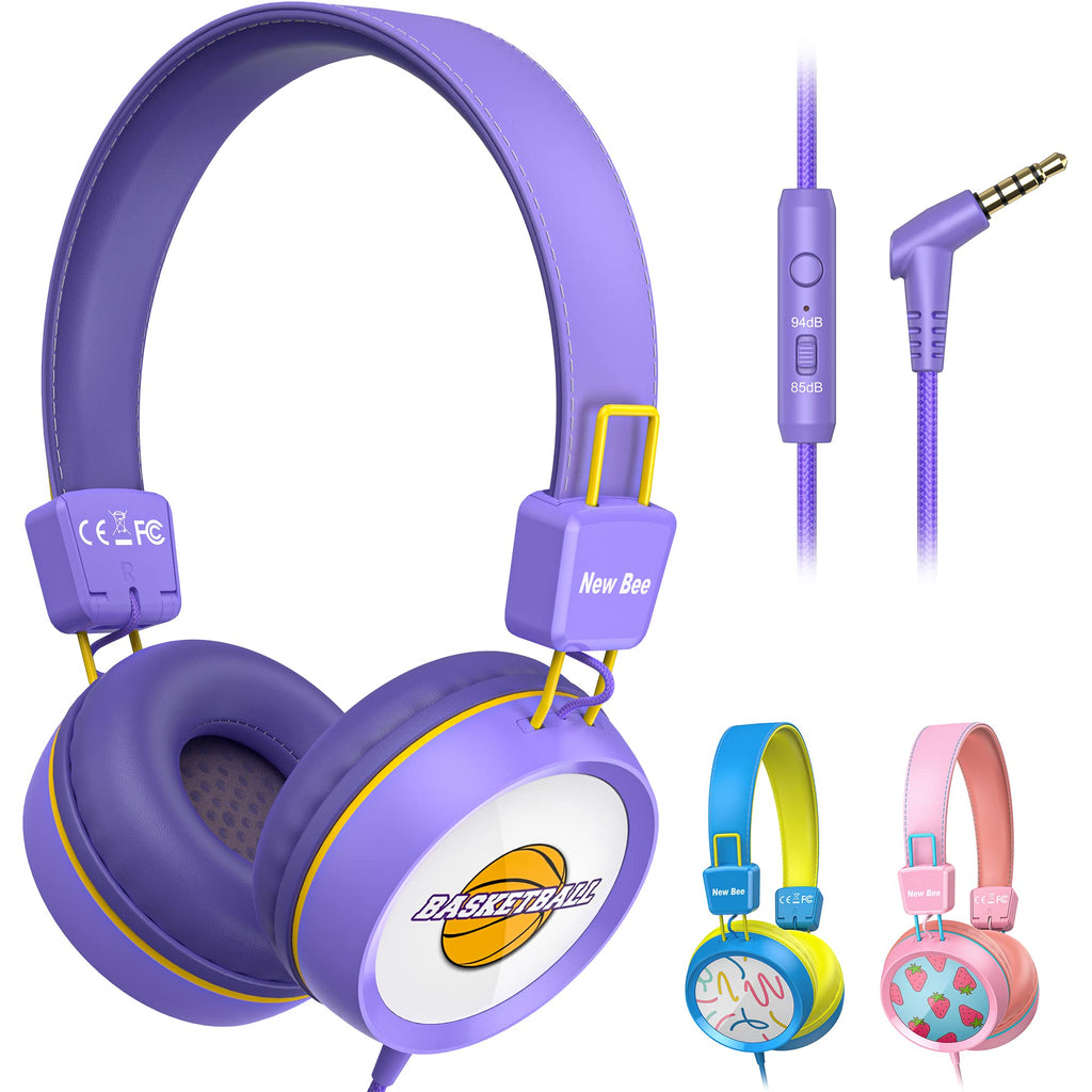  [AUSTRALIA] - Kids Headphones for School with Microphone New bee KH20 HD Stereo Safe Volume Limited 85dB/94dB Foldable Lightweight On-Ear Headphone for PC/Mac/Android/Kindle/Tablet/Pad (Purple) Purple