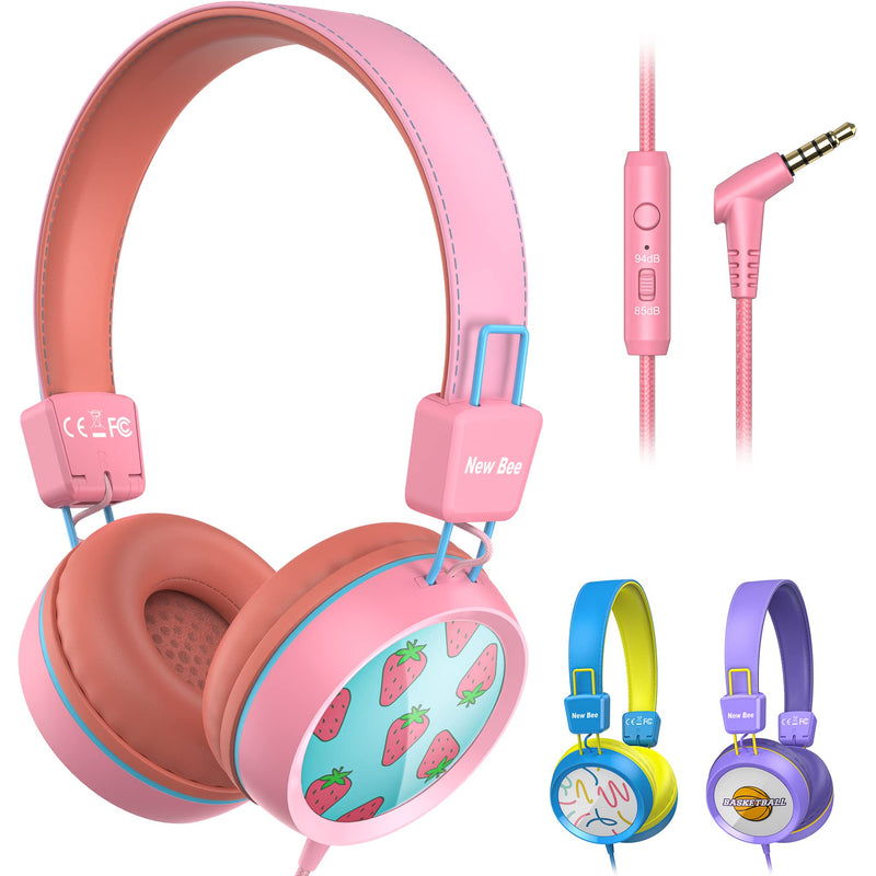  [AUSTRALIA] - Kids Headphones for School with Microphone New bee KH20 HD Stereo Safe Volume Limited 85dB/94dB Foldable Lightweight On-Ear Headphone for PC/Mac/Android/Kindle/Tablet/Pad (Pink) Pink