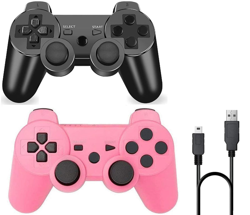  [AUSTRALIA] - PS-3 Wireless Controller 2 Pack PS-3 Gamepad PS-3 Remote Wireless PS-3 Controller Double Shock Compatible with Playstation 3 with Charging Cable (Pink+Black) Pink+Black