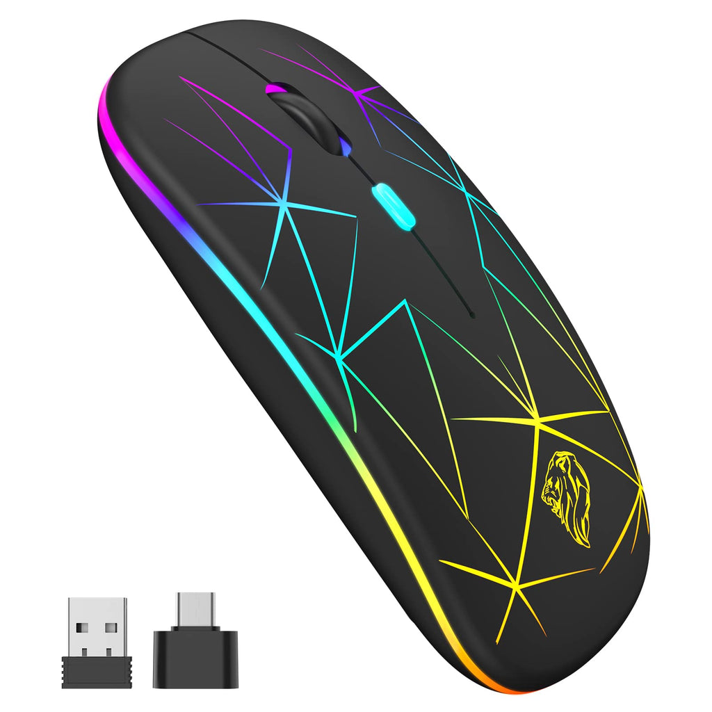  [AUSTRALIA] - Wireless Mouse,Slim Rechargeable Bluetooth Mouse,Led Dual Mode(Bluetooth 5.1+2.4G) Silent Mouse with USB Receiver and Type C Adapter,3 Adjustable DPI Computer Mice for Laptop/MacBook/iPad OS13 Above Black Lion