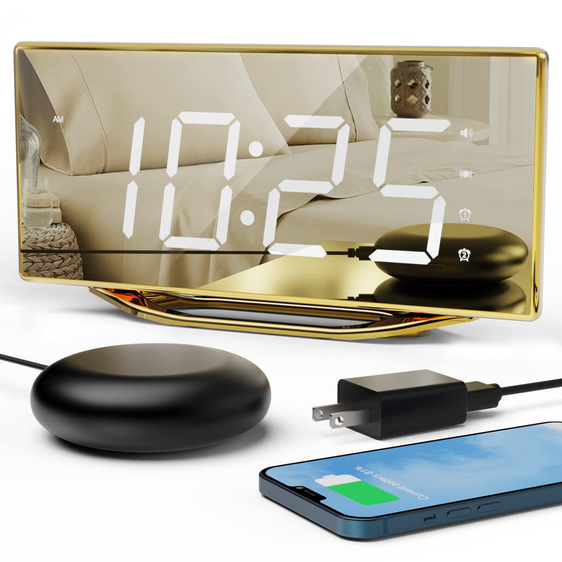  [AUSTRALIA] - Loud Alarm Clock with Bed Shaker, Vibrating Alarm Clock for Heavy Sleepers Hearing Impaired Deaf, 8.7" LED Mirror Bedside Clock with Battery Backup for Kids Teens Elderly, 12/24H DST, USB Charger Golden