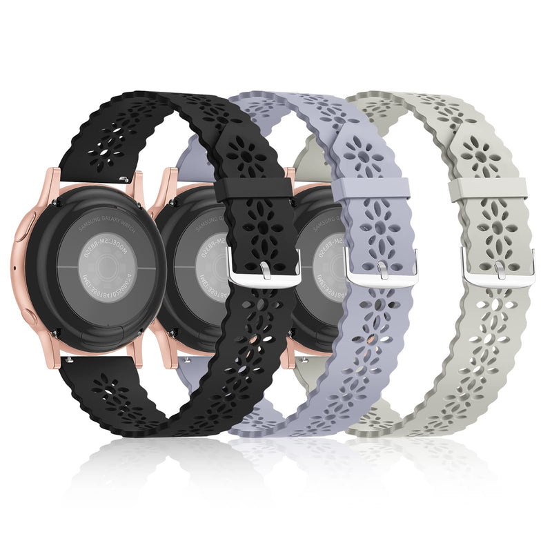  [AUSTRALIA] - Bandiction 3 Pack Lace Silicone Bands 20mm Compatible for Samsung Galaxy Watch 4 Classic 42mm 46mm/Watch 4 40mm 44mm/Watch 3 41mm/Active 40mm/Active 2 40mm 44mm, Slim Thin Wristband for Women Black/Lavender Gray/Stone