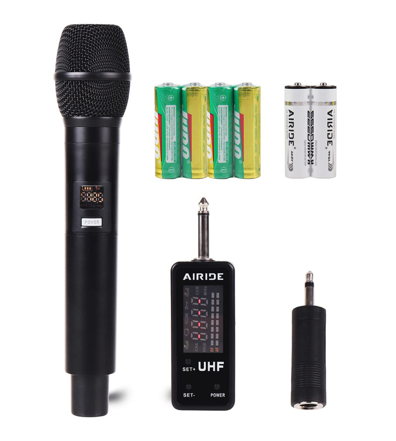  [AUSTRALIA] - AIRIDE Portable UHF Wireless Microphone System with Metal Cordless Handheld Mic and Rechargeable Battery for Karaoke, PA, Mixer, DJ