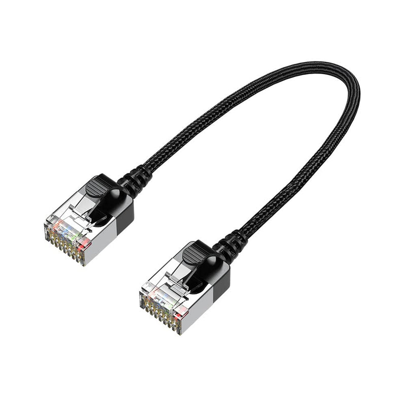  [AUSTRALIA] - JUXINICE Ultra Thin CAT6a Ethernet Cable 1.5FT Short, Flexible and Light,Ultra Short Crystal Head is Easy to Bend Right Angle, 10Gigabit/Sec Network/High Speed Internet Cable in Nylon Black Black 1.5FT