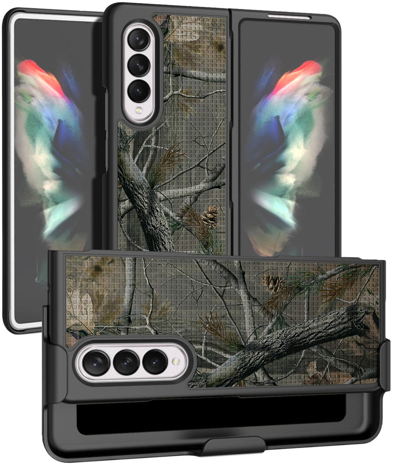  [AUSTRALIA] - Case with Clip for Galaxy Z Fold 3 5G, Nakedcellphone Camo Slim Hard Cover and Belt Hip Holster View Stand Combo for Samsung Z Fold3 Phone (SM-F926) 2021 - Outdoor Camouflage Tree Leaf Real Woods Autumn Camo (Black)