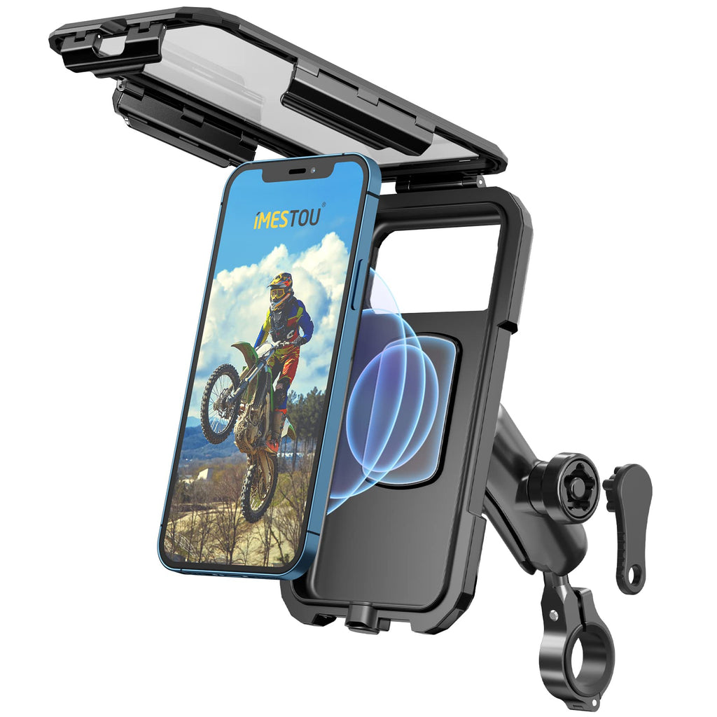  [AUSTRALIA] - Waterproof IP67 Motorcycle Wireless Phone Mount Qi/USB C 3.0 Cellphone Holder Charger-iMESTOU Anti-Thief Handlebar Phone Mounts Double Socket Arm Aluminium Base 720° Rotation for 5.5-6.8" Smartphones L(For 5.5"-6.8" Phones)