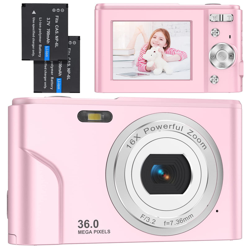  [AUSTRALIA] - Digital Camera, IVECNSTU FHD 1080P 36MP Vlogging Camera Rechargeable Mini Compact Pocket Camera with LCD Screen 16X Zoom for Adult Seniors Students Kids Beginner (Pink) Pink