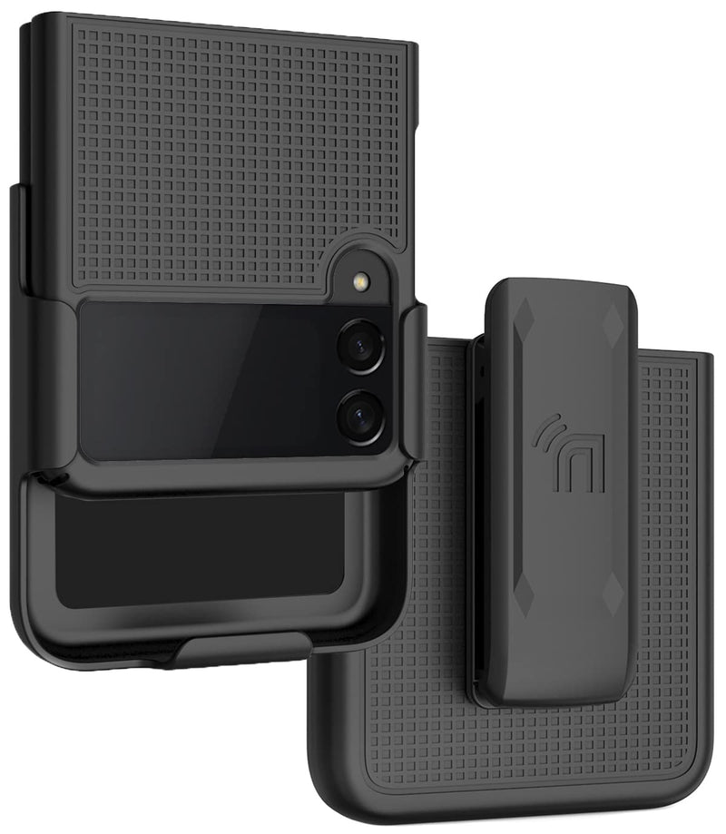  [AUSTRALIA] - Case with Clip for Galaxy Z Flip 3 5G, Nakedcellphone [Grid Texture] Slim Hard Shell Cover and [Rotating/Ratchet] Belt Hip Holster Holder Combo for Samsung Z Flip3 Phone (SM-F711, 2021) - Black