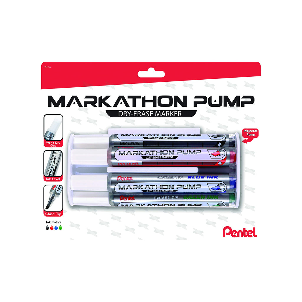  [AUSTRALIA] - Pentel Markathon Pump Dry Erase Marker, Chisel Tip, Assorted Colors, 4 Pack with Eraser (MWL6SXBP4MKIT) 4 Pack + Eraser