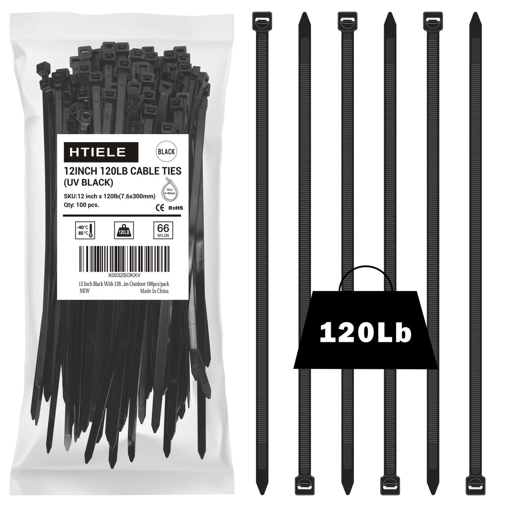  [AUSTRALIA] - 12 Inch Black With 120 lbs HTIELE Cable Ties Heavy Duty Self-locking Zip Ties Outdoor 100pcs/pack BLACK UV