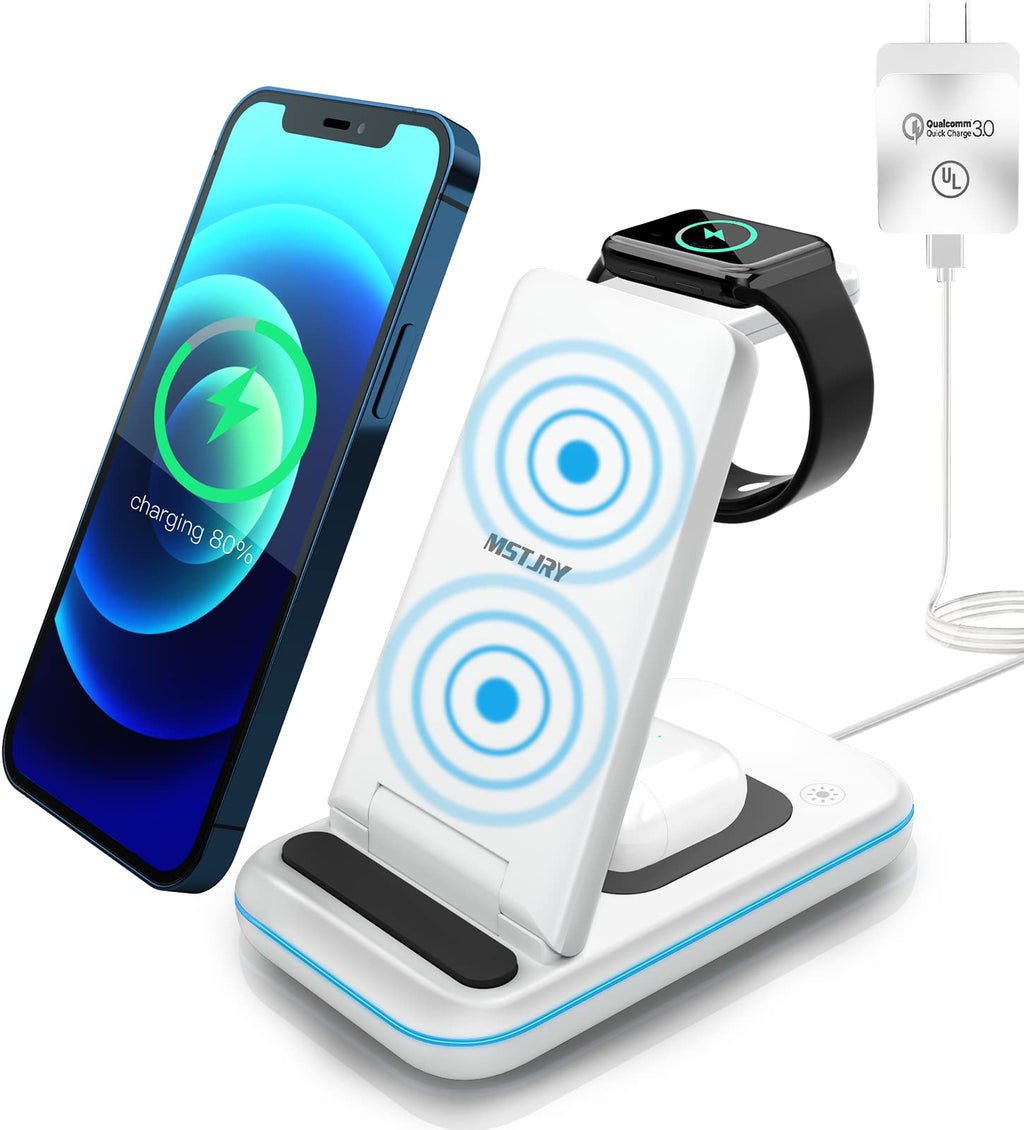  [AUSTRALIA] - Wireless Charging Station, MSTJRY 3 in 1 Wireless Charger Station for Apple Products Multiple Devices Compatible with iPhone Airpods iWatch S7/SE/6/5/4/3/2 UL Certified Power Adapter Included White