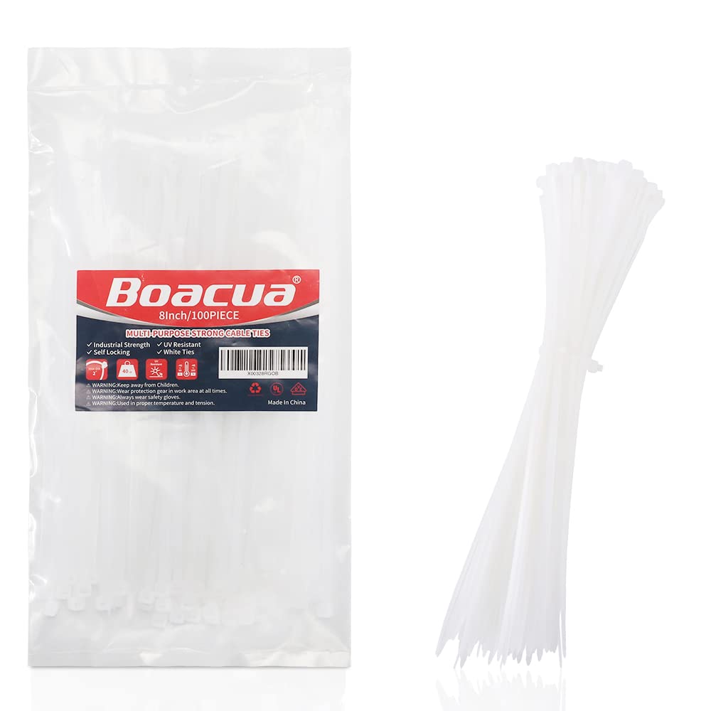 [AUSTRALIA] - 8 Inch Zip Cable Ties (100 Pieces), Self-Locking Premium Nylon Cable Wire Ties,Heavy Duty White, for Indoor and Outdoor by Boacua