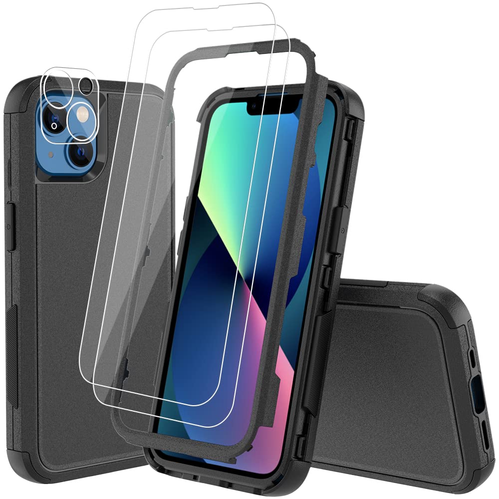  [AUSTRALIA] - KEWEK Case for iPhone 13 Heavy Duty Shockproof Rugged Dropproof Case,with[Screen Protectors &Camera Lens Protector] Full Body Military Grade Protection Case for iPhone 13 (Black) Black