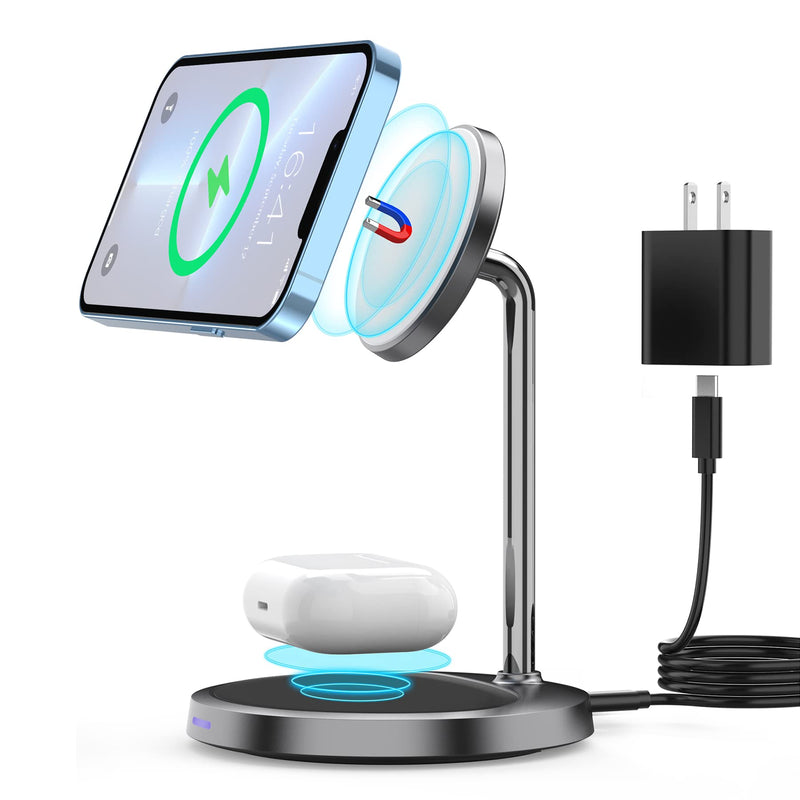  [AUSTRALIA] - 2 in 1 Magnetic Fast Wireless Charging Stand - iPhone 15W Wireless Charger with PD 3.0 Adapter, Desk Phone Charger Station Dock Compatible with Mag-Safe iPhone 13 Pro Max Mini 12, AirPods 2