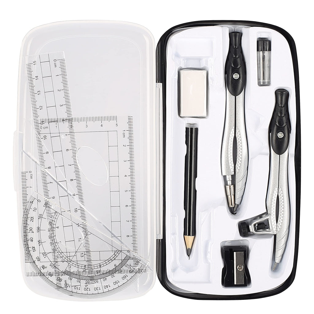  [AUSTRALIA] - Geometry Set,Lifreer Compass for Geometry Kit Includes Compass, Protractor, Rulers, Eraser, Sharpener, Lead Refills, Pencil, Storage Box for Drawing and Measurement(Black) Black