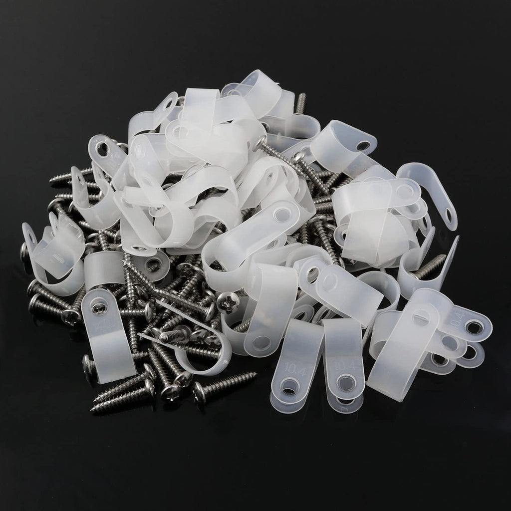  [AUSTRALIA] - E-outstanding 100pcs 2/5 inch (10.4mm) R-Type Cable Clip Nylon Wire Clamp Cable Organize Cord Clips with Mounting Screws for Wire Management Electrical Fittings, White