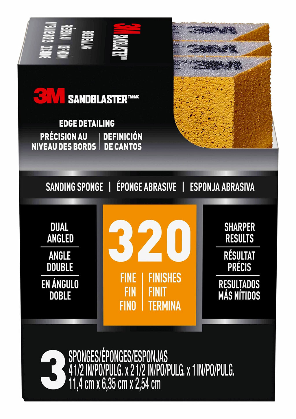  [AUSTRALIA] - 3M SandBlaster Dual Angle Sanding Sponge Gold, 4.5 in. x 2.5 in. x 1 in., 320 Grit, 3/Pack