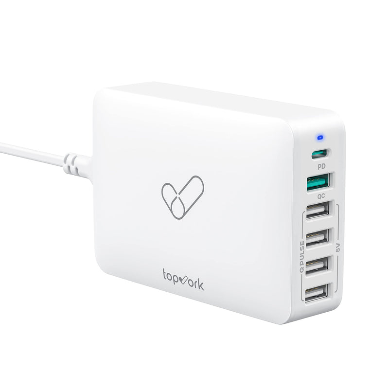  [AUSTRALIA] - 60W USB Charging Station, TOPVORK USB Charging Hub with 30W PD Charger Block & 5-Port Fast Charger Block, USB C Wall Charger Block Compatible with MacBook Air iPad iPhone 13 12 Pro Max Samsung S21 white