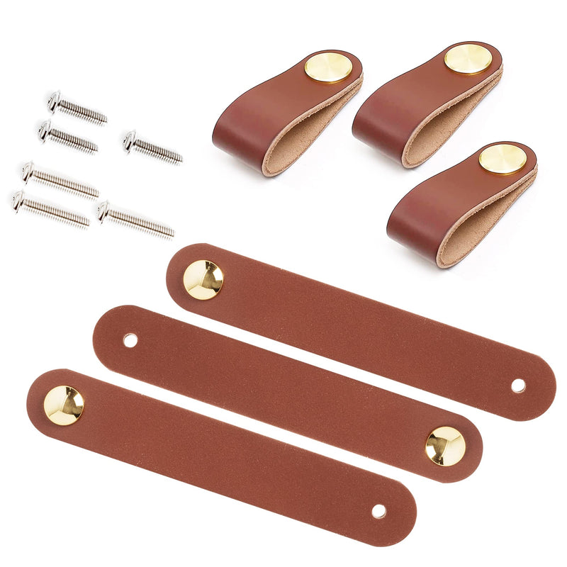  [AUSTRALIA] - Leather Drawer Pulls - 6 Full Grain Brown Leather Handles for Dresser Drawers, Cabinet, Furniture - Upgrade Your Old Knobs - 2.75 Inch x 1 Inch Pull Handle Knob Replacement - Includes Hardware Screws