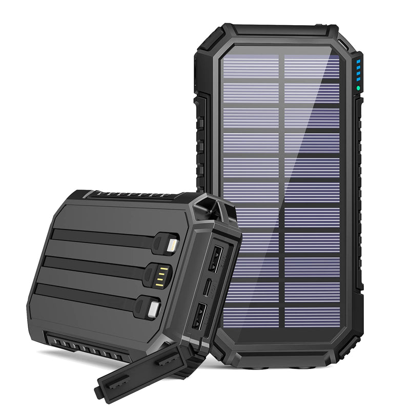  [AUSTRALIA] - Riapow Solar Charger 30000mAh High Capacity Solar Power Bank with Built-in USB C & iOS & USB Input Cables, Fast Charge Portable Phone Charger with 5 Outputs & 2 Inputs for Smartphone, Tablet (Black) Black