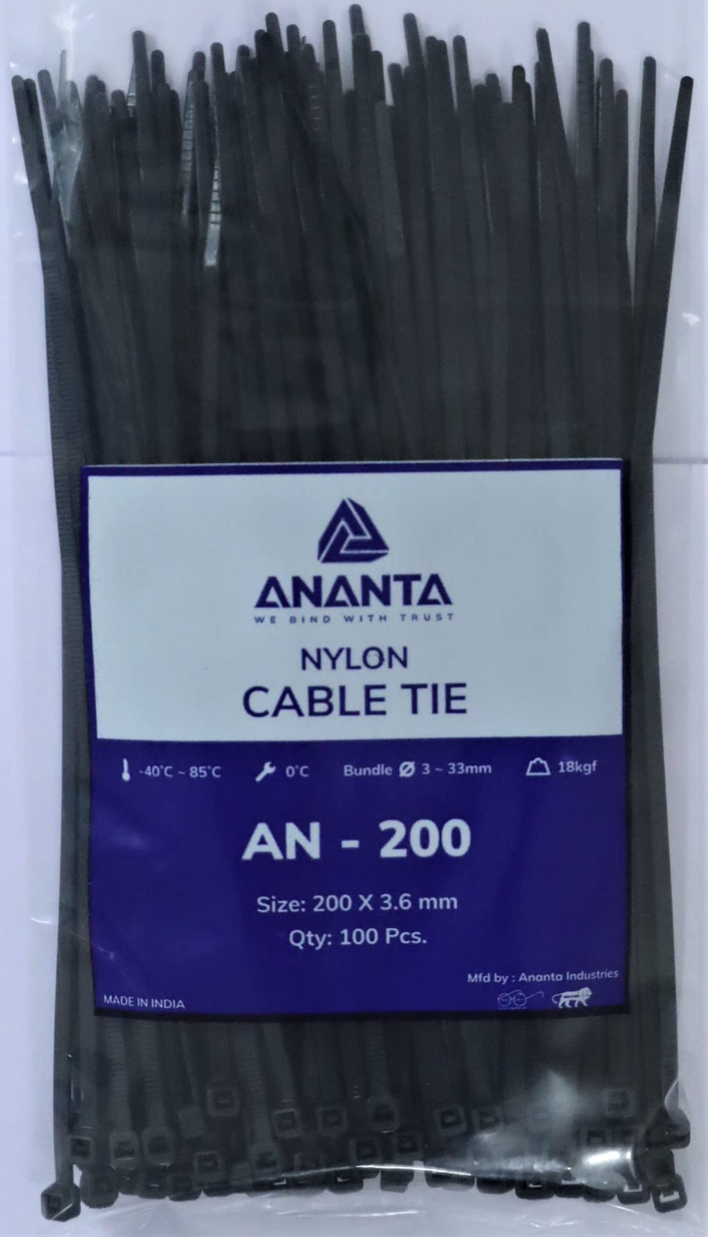  [AUSTRALIA] - ANANTA INDUSTRIES Multi-Purpose UV Resistant Heavy Duty Black Cable Ties, 8 INCH[200MM], Pack Of 100