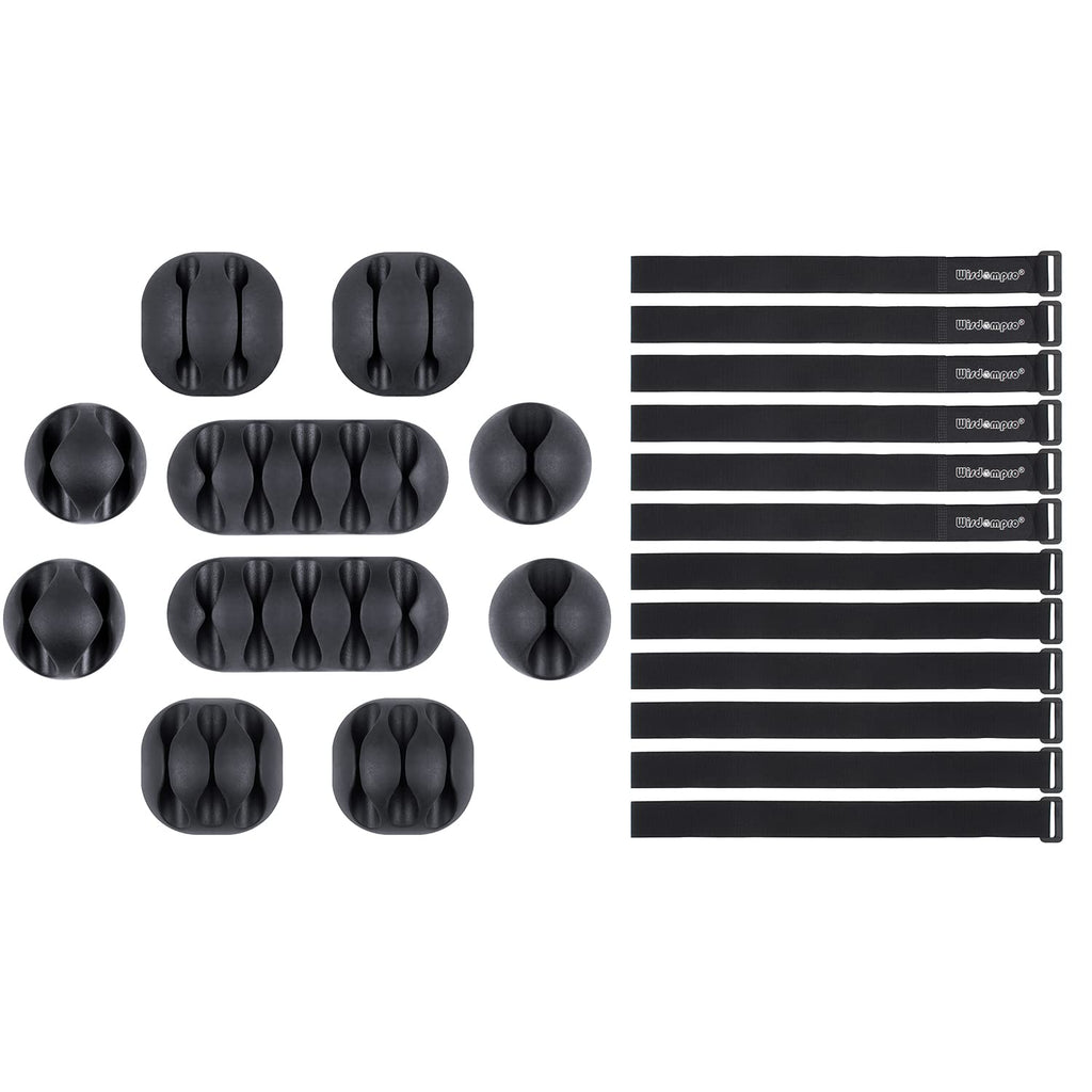  [AUSTRALIA] - Wisdompro 12 Pack 1 x 24 Inches Hook and Loop Reusable Fastening Cable Tie and 10 Pack Cable Cord Clip Holder Bundle