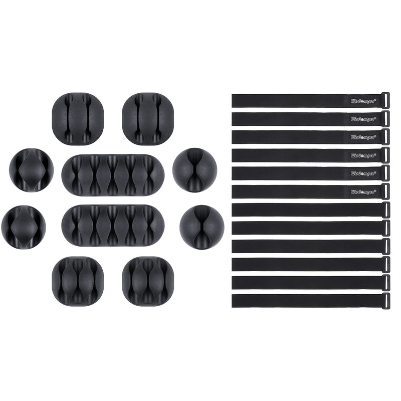  [AUSTRALIA] - Wisdompro 12 Pack 1 x 24 Inches Hook and Loop Reusable Fastening Cable Tie and 10 Pack Cable Cord Clip Holder Bundle