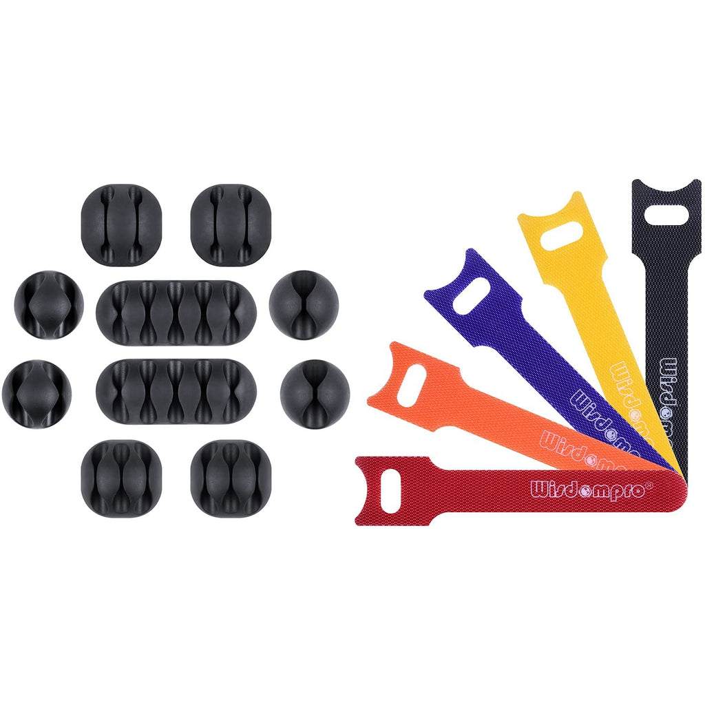  [AUSTRALIA] - Wisdompro 50 Pack 4 Inches Hook and Loop Cable Ties and 10 Pack Cable Cord Clip Holder Bundle