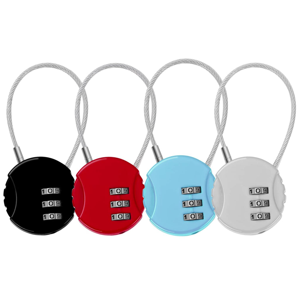  [AUSTRALIA] - 4 Pcs Combination Lock, 3 Digit Combination Padlock Code Lock with Wire Rope Outdoor Waterproof Padlock for Backpack Suitcase Door Sports Locker (Black, Red, Blue, Silver)
