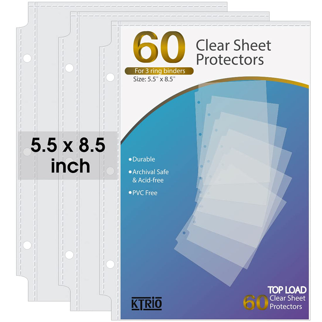  [AUSTRALIA] - KTRIO Heavyweight Sheet Protectors 5.5 x 8.5 inch, Clear Page Protectors for Mini 3 Ring Binder, Plastic Sleeves for Binders, Top Loading Paper Protector, 60 Pack