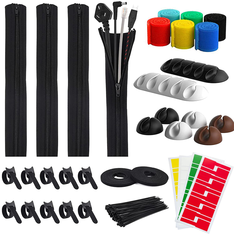  [AUSTRALIA] - 170pcs Cable Management Kit,4 Cable Sleeve,8 Self Adhesive Cable Clips Holder,6 Cable Organizer Straps,10+2 Roll Self Adhesive tie,40 Cable Labels,100 Fastening Cable Ties for TV PC Under Desk Office