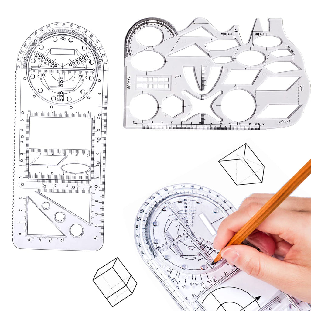  [AUSTRALIA] - FYY Multifunctional Geometric Ruler, 2 Pcs Geometric Drawing Template Measuring Tool Plastic Mathematics Drawing Ruler, Draft Rulers for Student School Office Supplies and Building Supplies, Clear