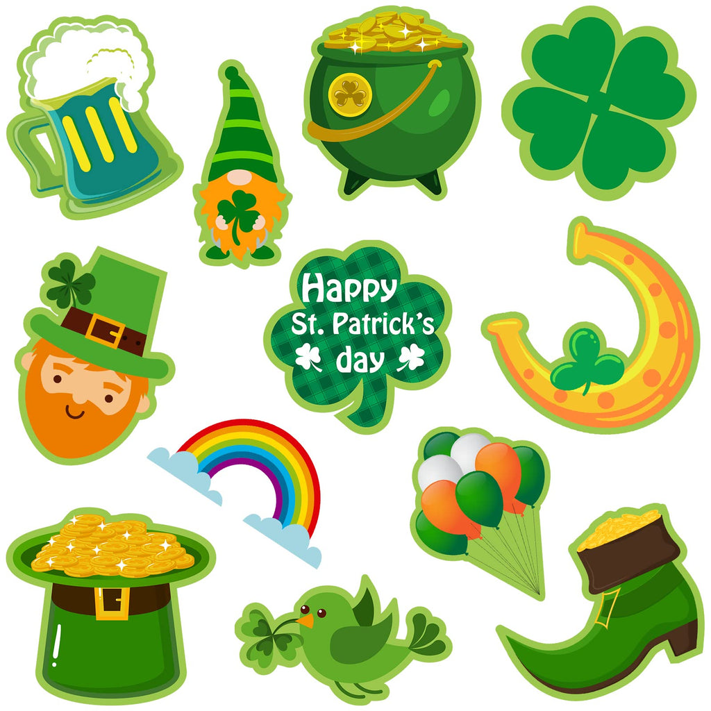  [AUSTRALIA] - 12 Pcs St. Patrick's Day Cut Outs Irish Shamrock Clover Cut Outs Double Sided Printed St Patricks Day Classroom Decorations Cartoon Birds Shoes Lucky Green Rainbow Beer Paper Cut Outs for Home Board