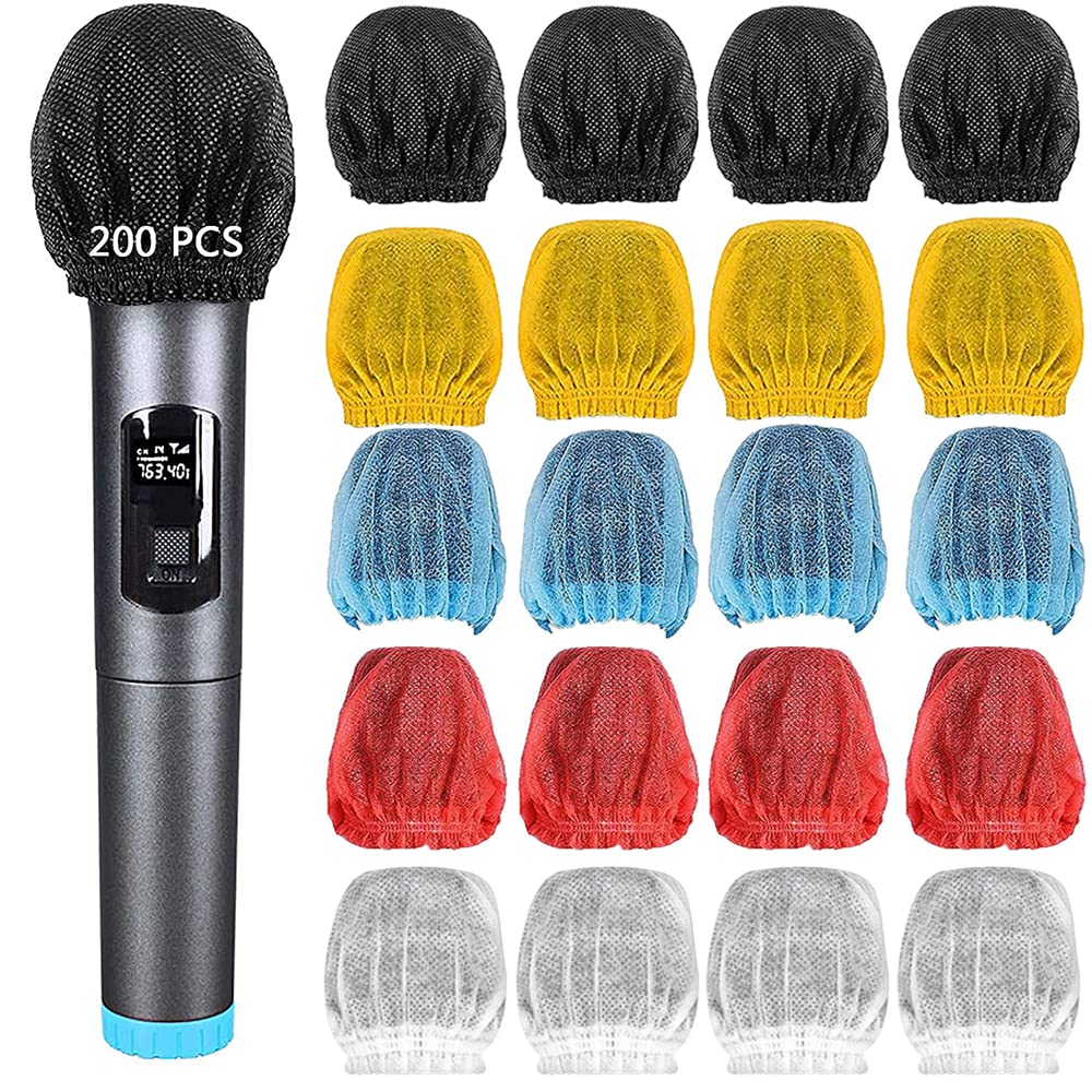  [AUSTRALIA] - 200 PCS Microphone Cover, Handheld Microphone Windscreen with Elastic Band, Mic Disposable Non-woven for KTV Karaoke Interview Recording Studio Performance (Five Colors)