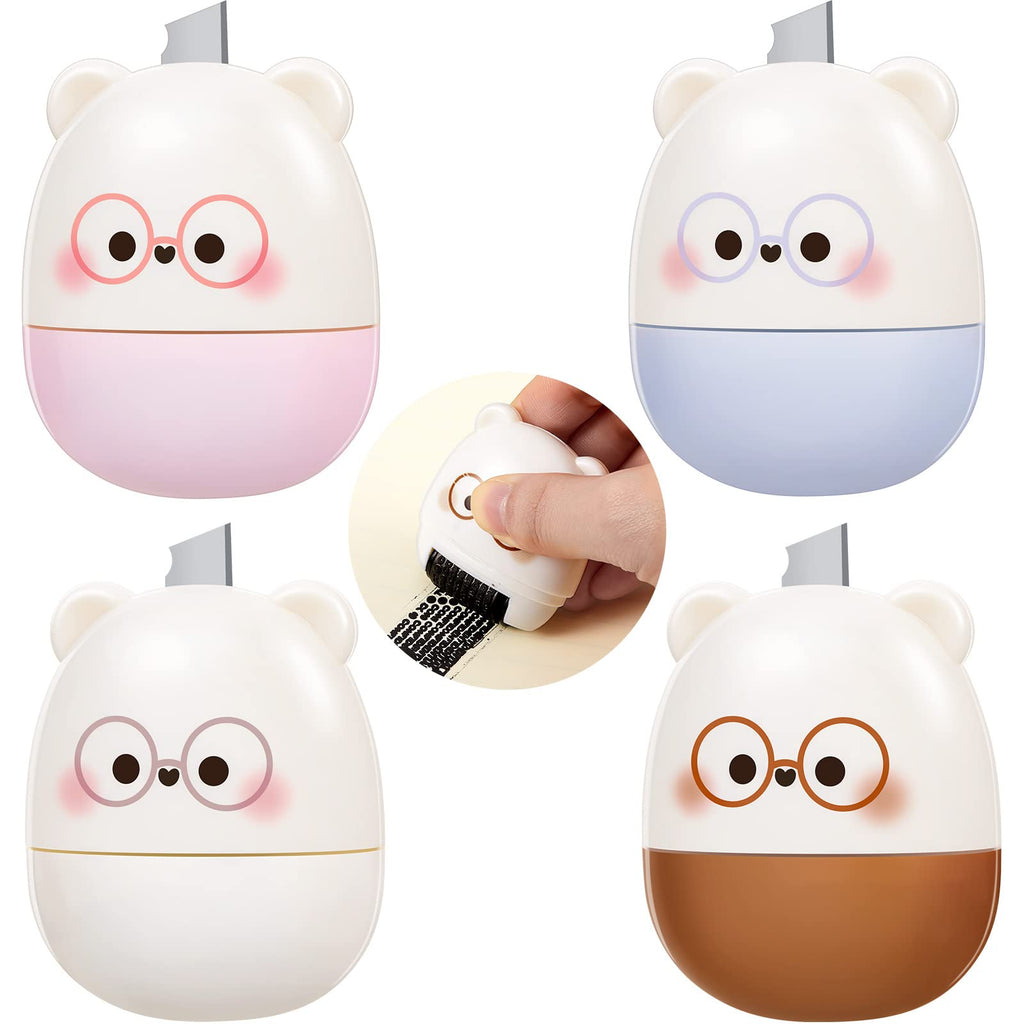  [AUSTRALIA] - 4 Pieces Identity Protection Roller Stamp 2 in 1 Wide Advanced Roller with Retractable Box Opener Cute Shape Bear Identity Theft Protection Stamp Refillable Ink Private Information Roller