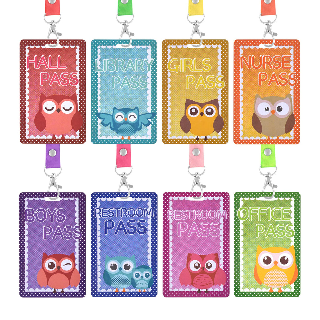  [AUSTRALIA] - 8 Pieces Classroom Hall Passes Lanyards Durable Hall, Bathroom, Library, Office & Nurse Laminated Placards for School Teachers (owl) owl