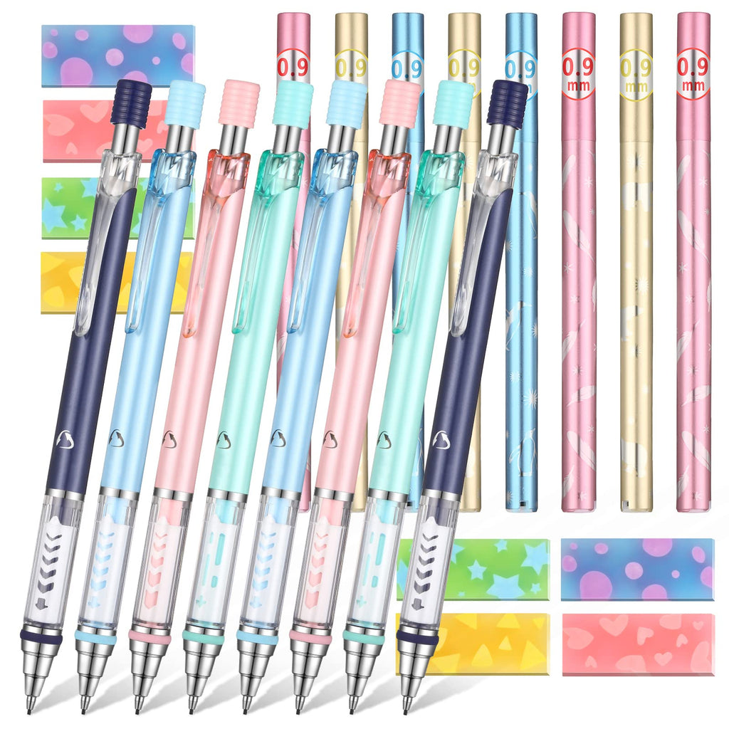  [AUSTRALIA] - 20 Pieces 0.9 mm Cute Mechanical Pencil Set, Including 8 Pieces Colored Mechanical Pencils, 8 Tubes of Pencil Refills and 4 Pieces Erasers for School Office Writing Drawing Crafting