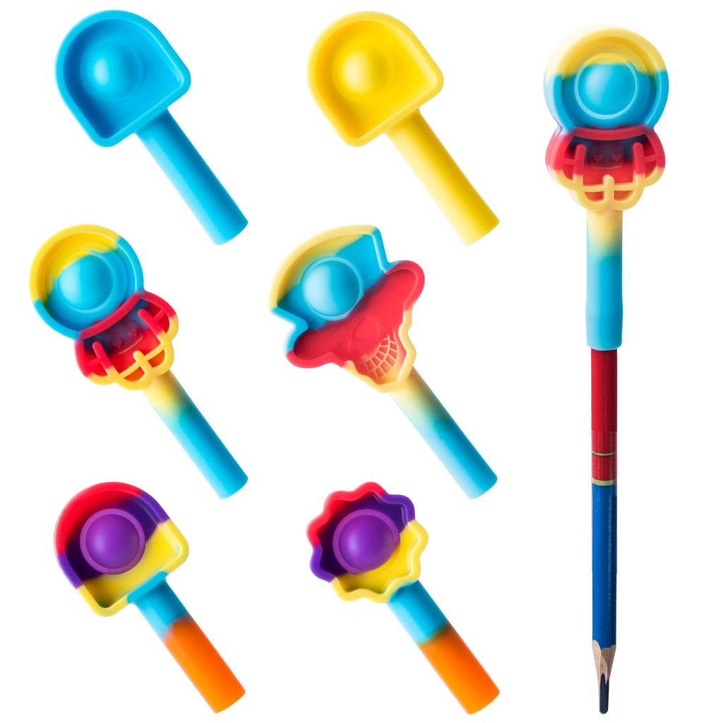  [AUSTRALIA] - OIIKI 6 PCS Funny Stress Relief Pen Toppers with Pop Design, Pencil Extender Cap, Kids Push Bubble Toys for School Home Office - 3PCS Mailboxes, 1 PCS Skull Shape, 1 PCS Astronaut, 1 PCS Flower