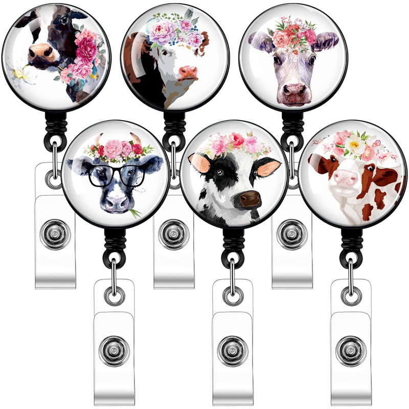  [AUSTRALIA] - 6 Pieces Cow Badge Reels Cute Retractable Badge Holder Nurse Badge Pulls with Clip Name Tag Reel Clips Funny Badge Clip for Name ID Tag Nurse Doctor Teacher Student