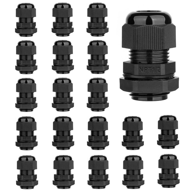  [AUSTRALIA] - AMPELE 20 Pack 1/2'' NPT Cable Gland Waterproof Adjustable 6-12mm/0.24-0.47inch Nylon Cable Glands Joints with Gaskets (1/2", 20 Pack) 1/2'' (20-Pack)