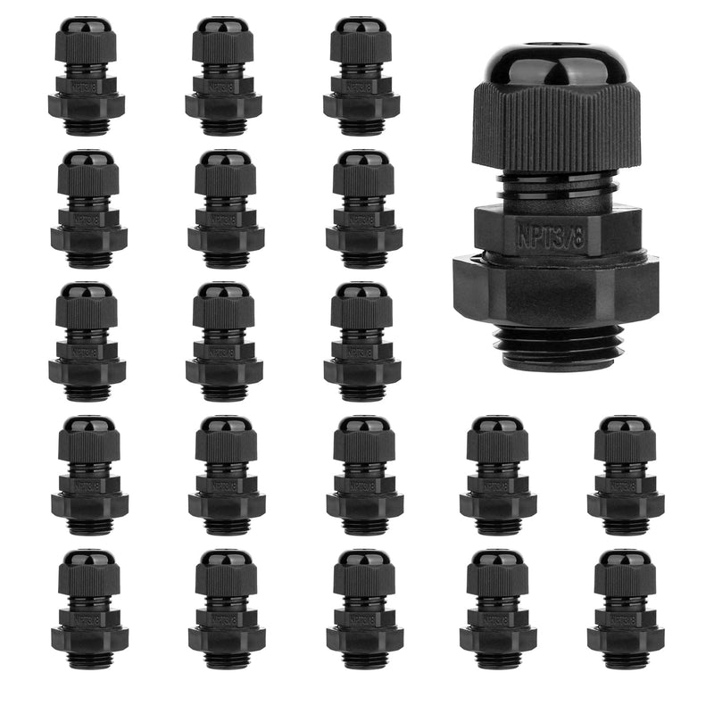  [AUSTRALIA] - AMPELE 20 Pack 3/8'' NPT Cable Gland Waterproof Adjustable 4-8mm/0.16-0.31inch Nylon Cable Glands Joints with Gaskets (3/8", 20 Pack) 3/8'' (20-Pack)