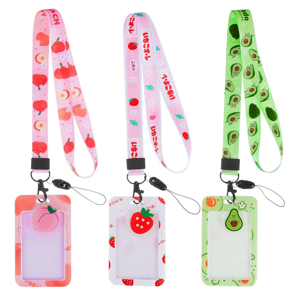  [AUSTRALIA] - 3 Packs Lanyard with Cute ID Card Holder Case Detachable ID Badge Lanyards Strawberry Peach Avocado Lanyard Strap with Clip Badge Holders Neck Keychain for Kids Men and Women